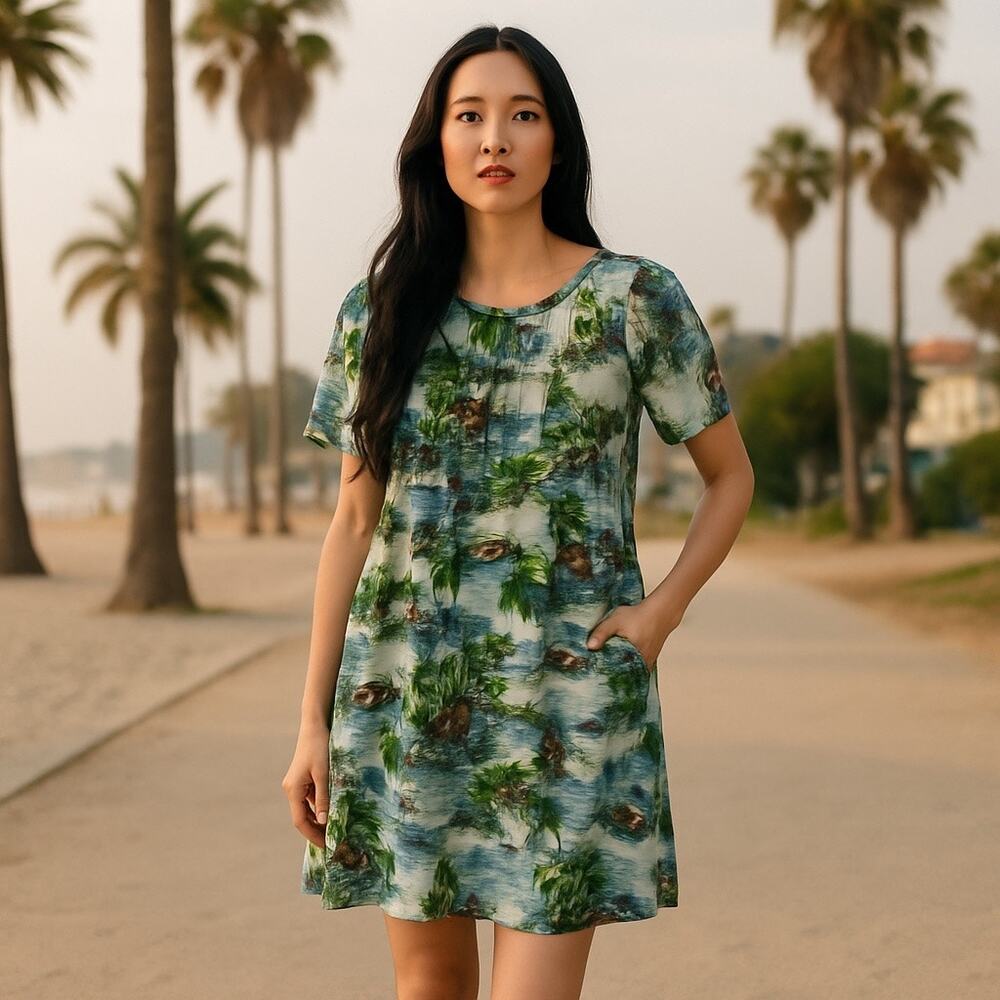 Vtg Hawaiian Muumuu Mini Dress Blue Floral Short Sleeve Made in Hawaii XS
